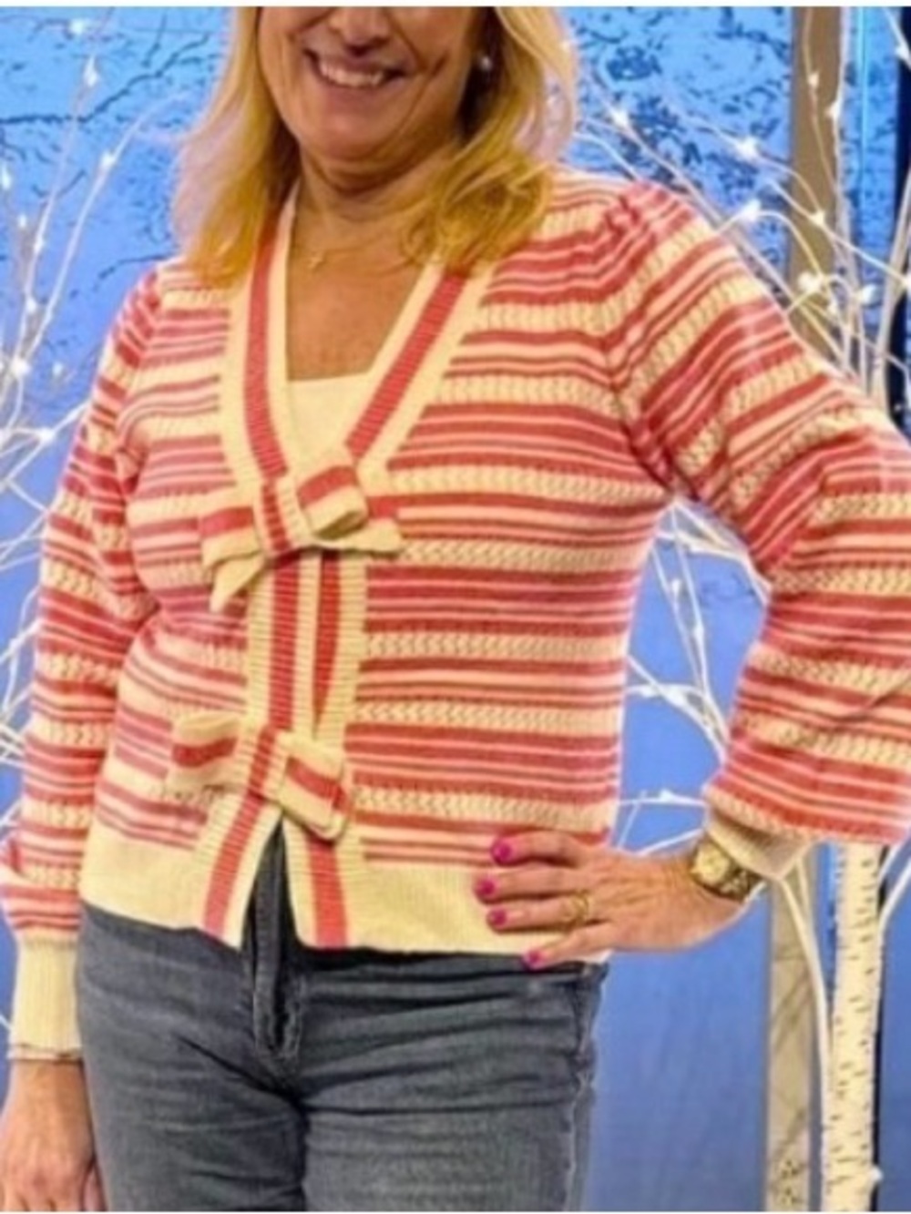 Bow Sweater-Pink and White size M-